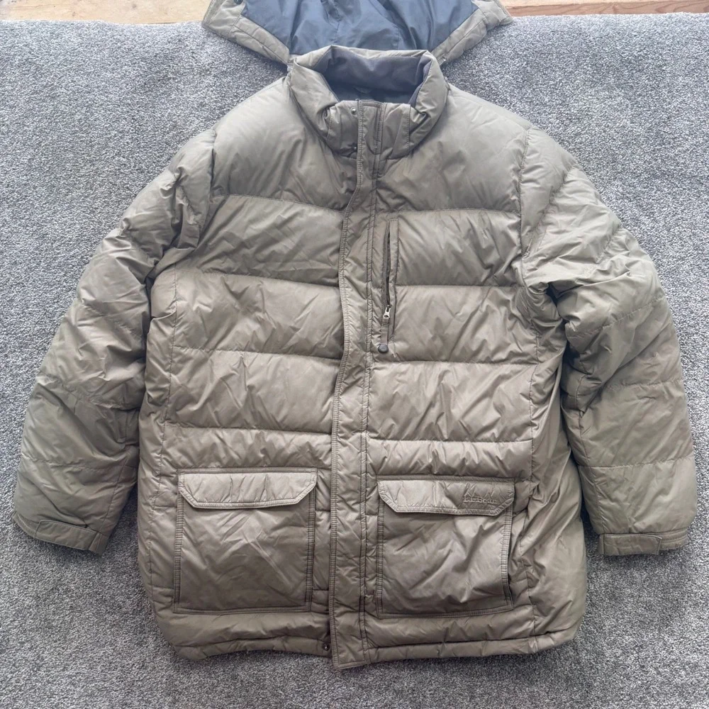 LL Bean Goose Down Puffer Parka Jacket Mens XXL Olive Green Hooded Winter Coat